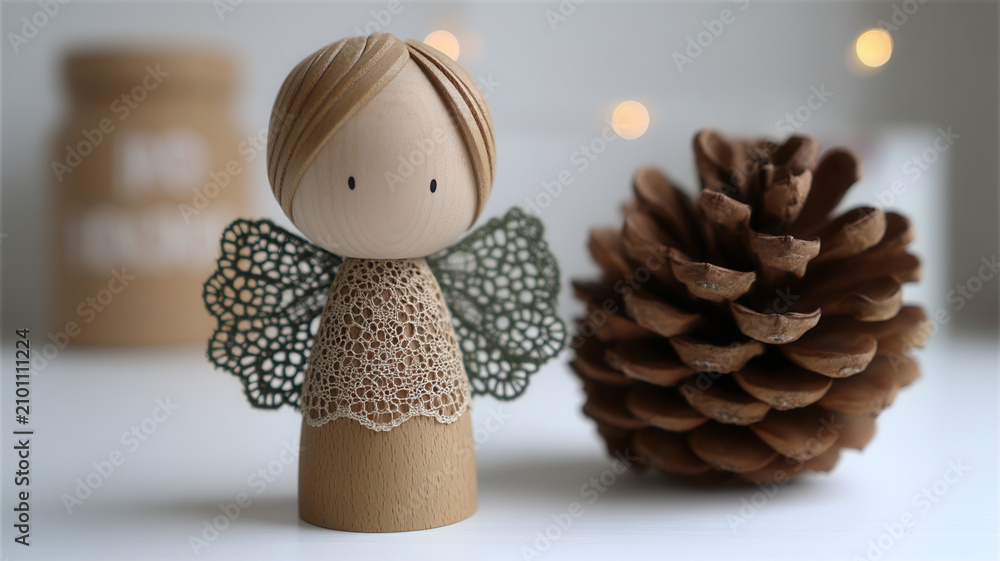 Obraz premium Wooden angel doll pine cone christmas lace wing beige craft decoration calm festive bokeh on white table