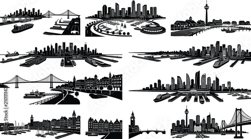 Tableau sur toile Vector city skyline and harbor silhouettes set including cargo ships cruise line