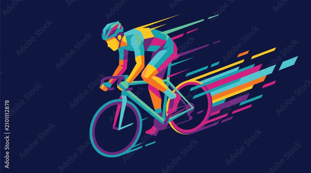 Fototapeta premium Dynamic Geometric Cyclist Vector Illustration in Vibrant Pop Art Style