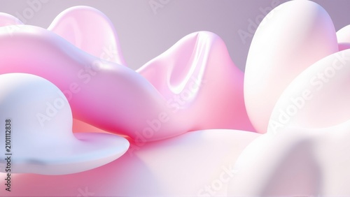 Abstract fluid shapes, soft pinks, whites. Smooth curves create dreamy, flowing forms. Minimalist background enhances visual impact.