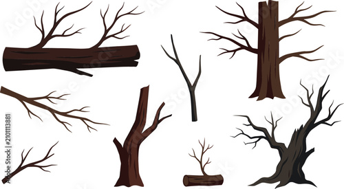 Photos Dead Tree Branches and Dry Wood Logs Vector Set with Bare Trunks and Old Snags f