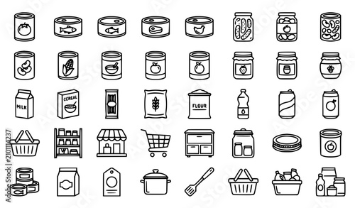 Canned Food and Pantry Grocery Line Icon Set with Tin Cans, Jars, Cart, and Shopping Basket Elements for Supermarket Apps, Menus, and Store Designs