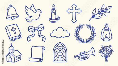 Bild auf Leinwand Collection of religious and symbolic icons, including a church, bible, cross, dove, and candle