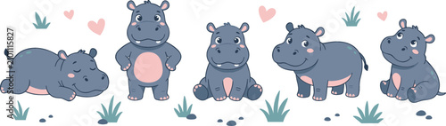 Foto Cute Hippopotamus Character Vector Set with Little Baby Hippos Sleeping Standing