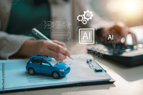 Cuadro en lienzo Professional woman analyzing auto loan and car insurance options using calculato