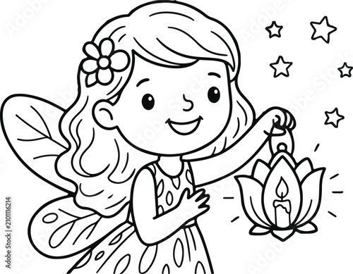 Smiling fairy girl holding lotus lantern with stars