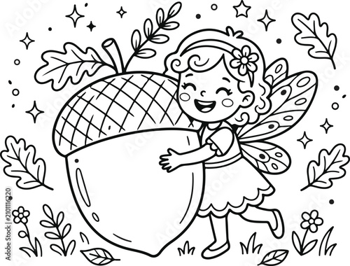 Smiling fairy hugging large acorn surrounded by leaves