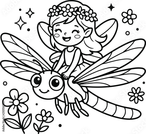 Smiling fairy riding on a dragonfly with flowers