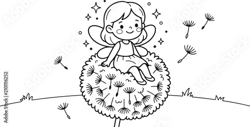 Smiling fairy sitting on a large dandelion flower