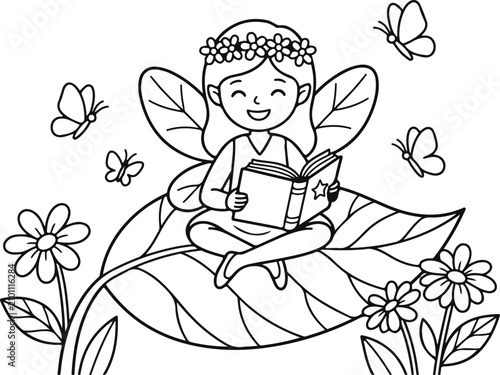 Smiling fairy sitting on leaf reading book surrounded by butterflies and flowers