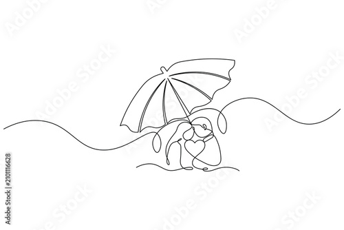 Couple under a beach umbrella in continuous one line art style for romance concept
