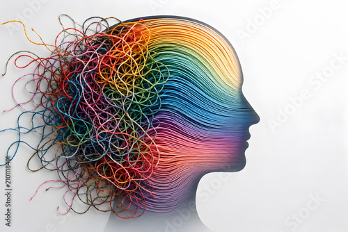 Human head silhouette filled with tangled colorful threads, emotional wellbeing concept