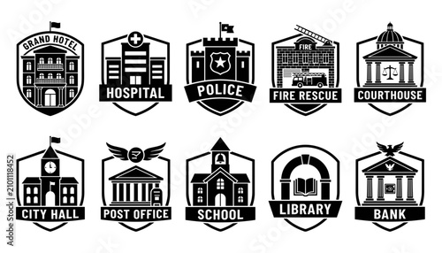 Buildings with Labels Including Grand Hotel, Hospital, Police, Fire Rescue, Courthouse, City Hall, Post Office, School, Library