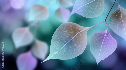 Soft focus ethereal leaves with delicate veins in pastel blue, teal, and purple tones