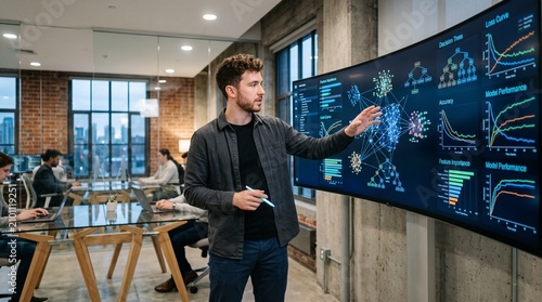 Man presenting data analytics and machine learning models on a large screen in a modern office setting