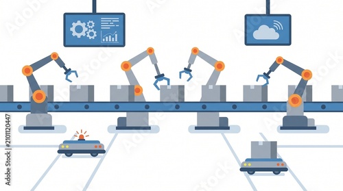Robots assemble products on a conveyor belt in a factory.