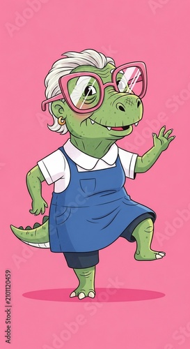 Whimsical illustration: Lively dino in stylish glasses and overalls dances with joy on a vibrant pink backdrop.