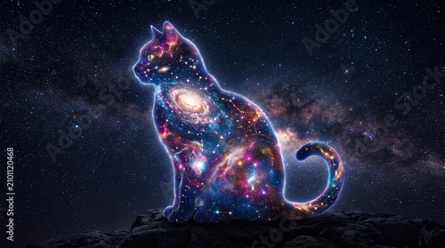 A majestic cat silhouette filled with a vibrant galaxy nebula and stars in deep space night