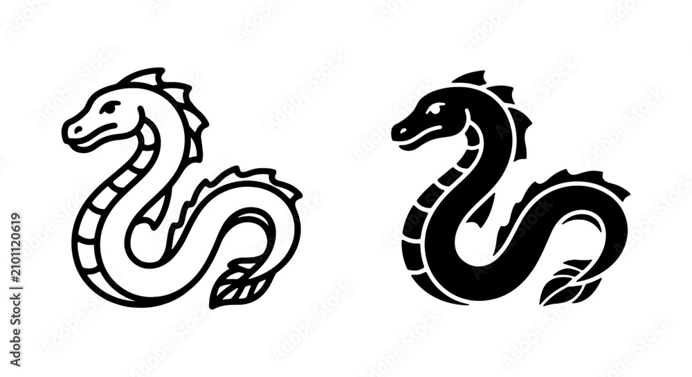Fototapeta premium Mythical Sea Serpent Vector Icons, Ancient Creature Silhouette, Fantasy Beast Graphics, Black and White Legend Art