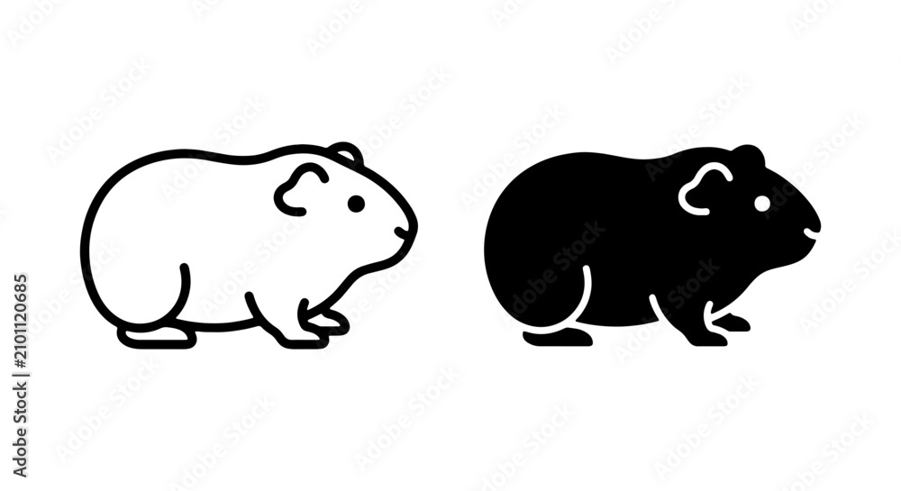 Fototapeta premium Guinea Pig Icons, Rodent Vector Graphics, Cute Pet Animal Silhouettes, Black and White Line Art