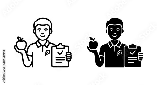 Nutritionist Icon Set, Healthy Diet Plan, Apple and Clipboard Vector Graphics, Wellness Coach Symbols