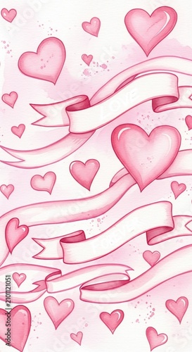 Whimsical Watercolor Hearts & Ribbons Dance: A Delicate Hand-Drawn Delight