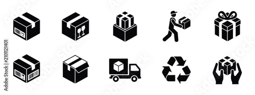 Photos Logistics icon featuring delivery, packaging, cardboard box, shipping service, warehouse, fragile cargo, transport, and distribution vector illustration