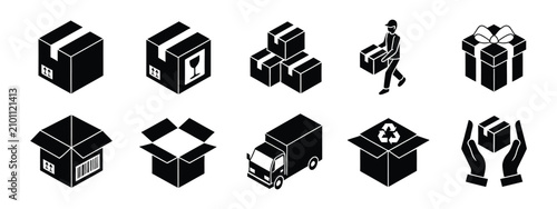 Tableau sur toile Logistics icon featuring delivery, packaging, cardboard box, shipping service, warehouse, fragile cargo, transport, and distribution vector illustration