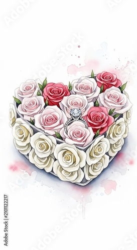Watercolor heart of roses with a sparkling jewel.