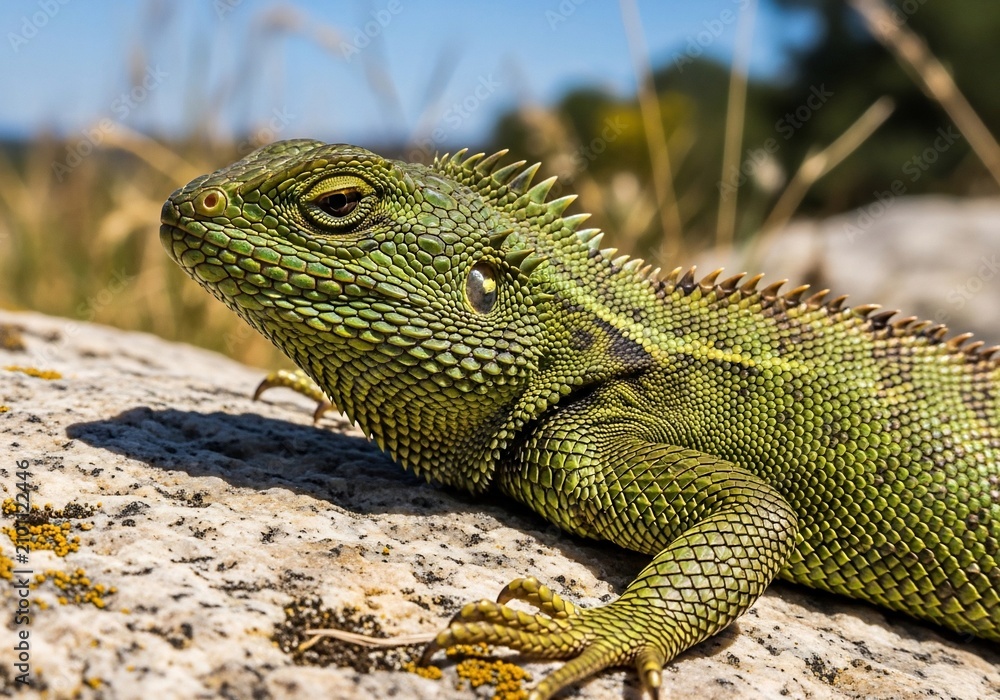 Fototapeta premium Sun-Kissed Reptile: A Moment Captured in Nature's Detail