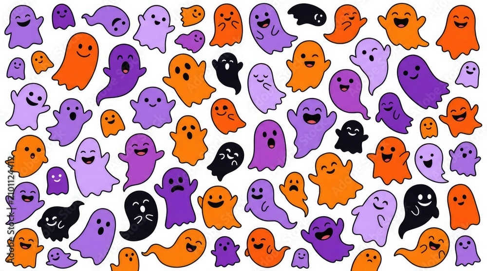Obraz premium Colorful cartoon ghosts pattern spooky and playful halloween illustration for kids