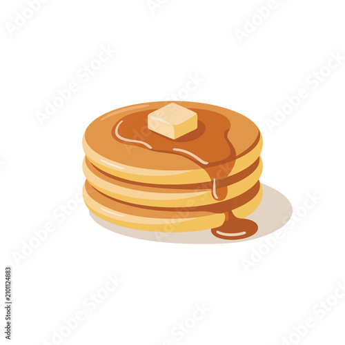 Stack of three fluffy golden pancakes topped with a square of melting butter and drizzled with sweet maple syrup isolated on a white background