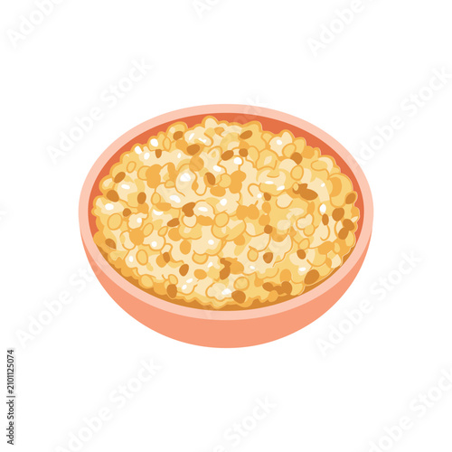 Simple pink bowl filled with cooked grains or porridge isolated on a white background, for healthy breakfast, and morning meal, food concepts