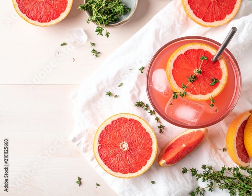Top view of grapefruit thyme infused water with ice, fresh grapefruit slices, and thyme arranged on a white tabletop in natural daylight