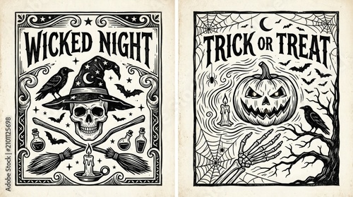 Vintage halloween illustrations spooky witch and jack o' lantern designs for festive decor