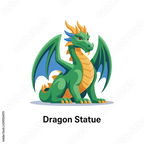 Stylized green dragon statue with blue wings and yellow horns isolated on white background, for fantasy gaming, and decorative