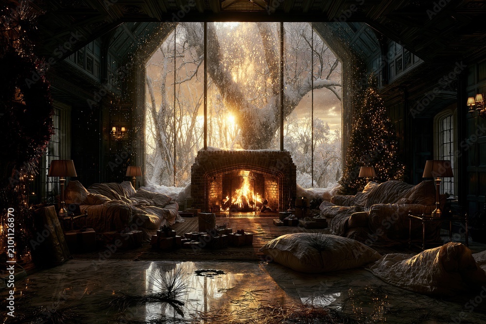Obraz premium Cozy winter living room with a glowing brick fireplace and illuminated Christmas tree against a snowy window backdrop for holiday greeting cards