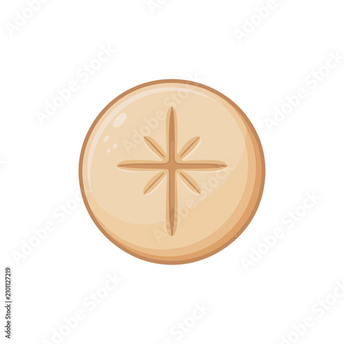 Flat of a round communion wafer with a stylized star-like cross engraving, representing the christian eucharist and holy sacrament