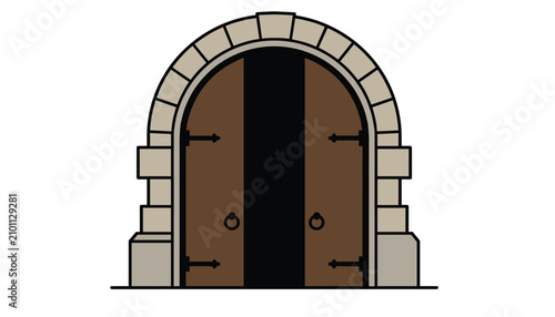 Medieval stone archway with heavy wooden doors open slightly to reveal a mysterious dark interior passage.