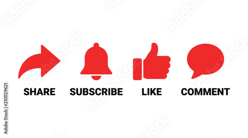 Share, subscribe, like, and comment icon set red social media button vector illustration