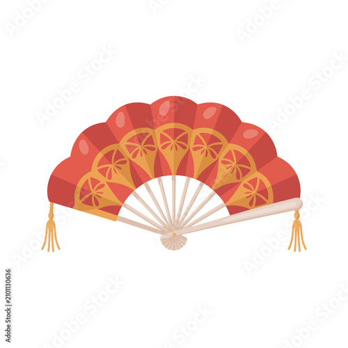 Traditional chinese folding fan with red fabric and gold pattern details and decorative tassels isolated on a plain white background