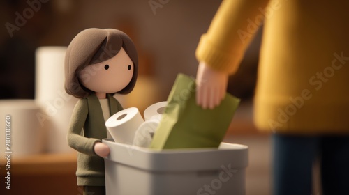 Cute claymation scene of characters sorting household items like toilet paper