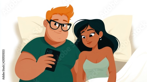 Cartoon Couple Relaxing in Bed Looking at Smartphone Together