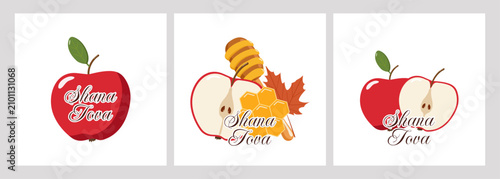 Photography Three Shana Tova apple-themed greeting panels with whole apples, sliced apples,