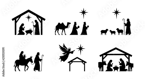 Foto Nativity Scene Silhouettes, Christmas Story Icons, Religious Vector Art Set