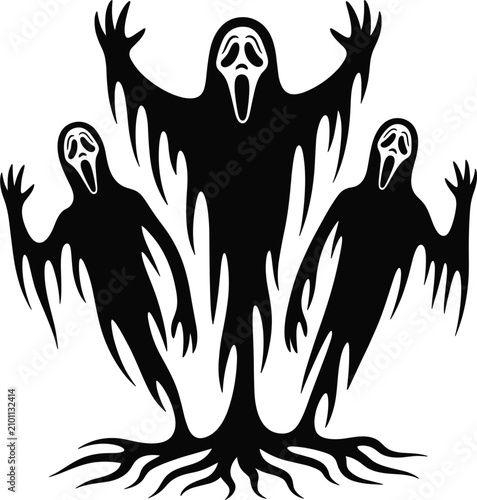 Фотография Creepy Halloween ghosts black silhouette vector illustration, three spooky phant