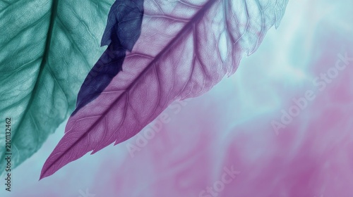 Vibrant teal and purple leaves with ethereal light background
