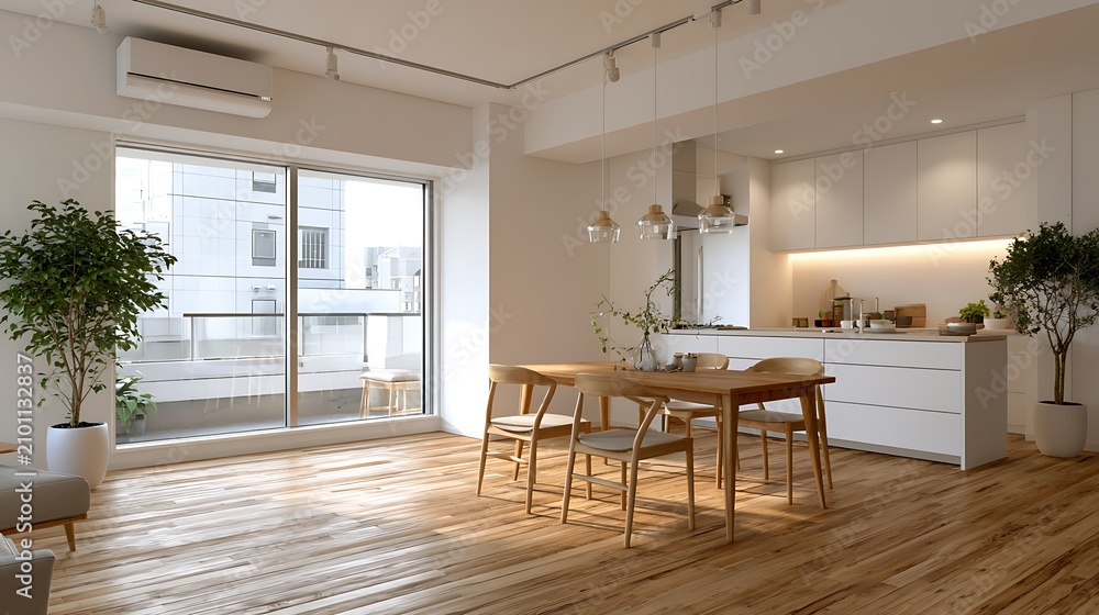 Fototapeta premium Bright Kitchen with Island and Dining Area / アイランドとダイニングのある明るいキッチン