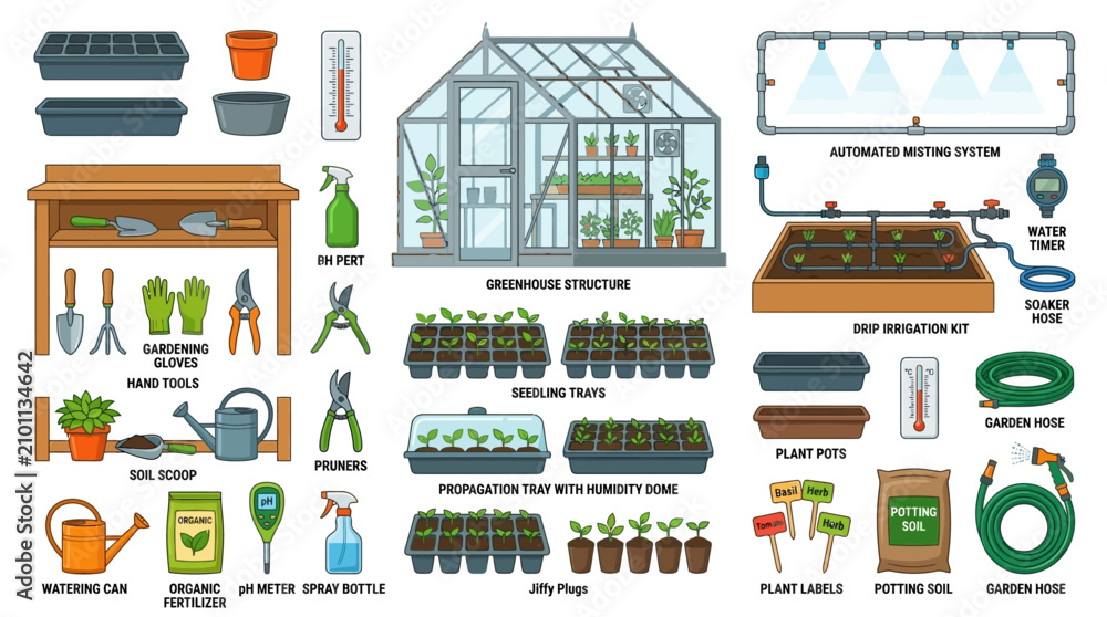Fototapeta premium Gardening tools and equipment for planting and nurturing plants in a greenhouse or indoor setting with various supplies.