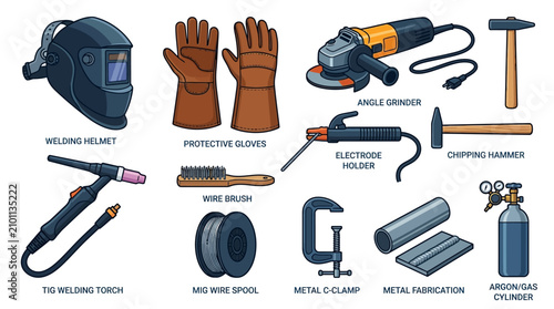 Various metal fabrication tools and equipment on a workbench in an industrial setting with welding helmet and protective gloves.